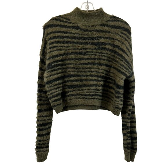 Jessica Simpson Fuzzy Cropped Sweater Mock Neck Green/Black Striped Size Medium - Picture 1 of 8